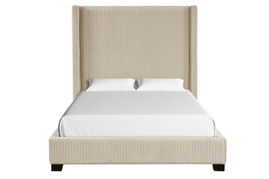 English Elm Queen Upholstered Bed with Pleated Headboard and Sturdy Rails, Easy-Clean Polyester Fabric Design Beige 79.75 L x 53.75 W x 9.5 H B2699P208288