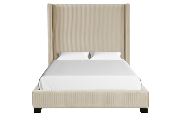English Elm Queen Upholstered Bed with Pleated Headboard and Sturdy Rails, Easy-Clean Polyester Fabric Design Beige 79.75 L x 53.75 W x 9.5 H B2699P208288