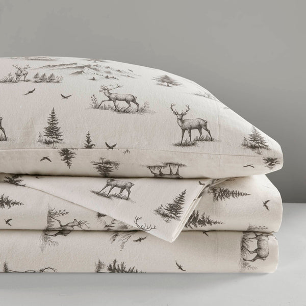 English Elm 4 Pcs Queen Sheet Set - Cozy Gray Deer Toile Cotton Flannel For Rustic Elegance & Comfort B035P319773