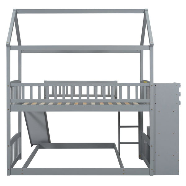 English Elm Twin Over Full Bunk Bed Playhouse Frame with Slide Staircase and Storage Drawers LT100129AAE