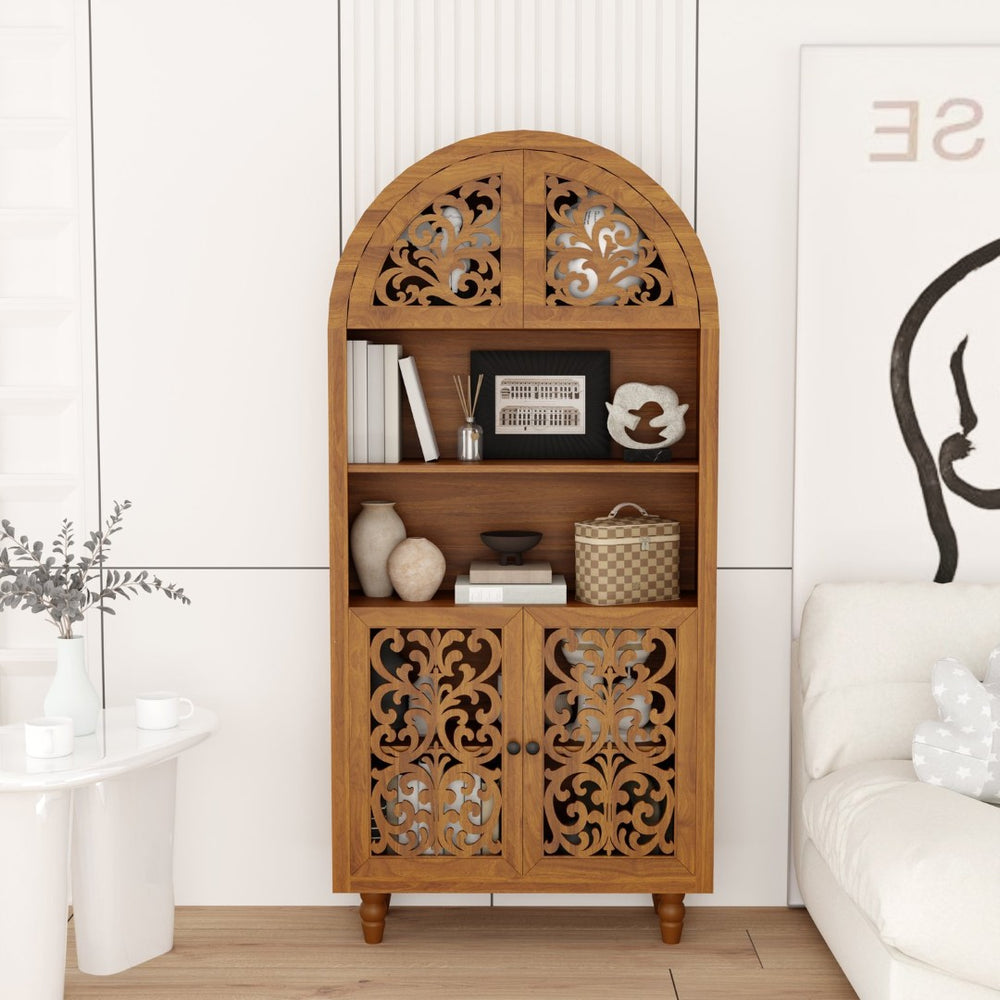 English Elm Vintage Hand-carved Solid Wood Bookcase Tall Arched Open Shelf Cabinet for Living Room W3123P485777