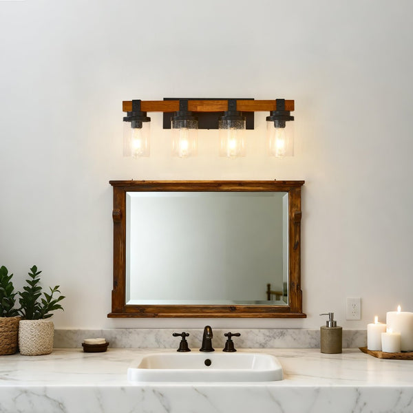 English Elm 4-light Matte Black Wood Accent Wall Sconce with Clear Glass Shades for Modern Homes W5008P388938