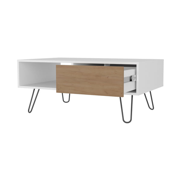 English Elm Gramling Modern Coffee Table with Drawer & Open Shelf, Hairpin Legs, White and Natural Oak Finish B128P263712