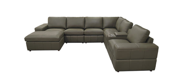 English Elm Premium Leather Match Sectional with Dual Recliners Square Arms and Console Storage Olive Green B2748S00142