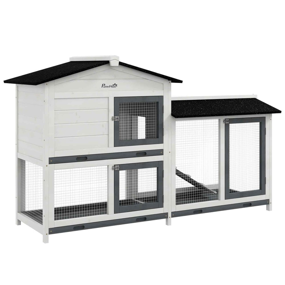 English Elm Pawhut Two-story Wooden Rabbit Hutch Outdoor Fir Frame Run Area Asphalt Roof W2225P249602