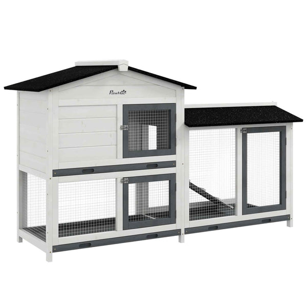 English Elm Pawhut Two-story Wooden Rabbit Hutch Outdoor Fir Frame Run Area Asphalt Roof W2225P249602