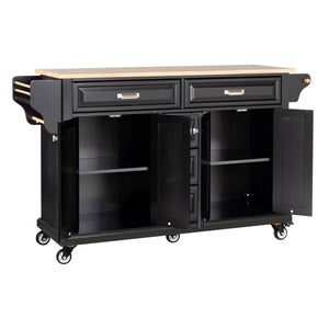 English Elm Kitchen Island durable rubberwood countertop kitchen cart on casters with towel rack, spice shelf, 5 drawers and adjustable shelving for organized meal prep and mobility Black W914S00003