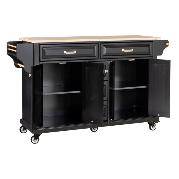 English Elm Kitchen Island durable rubberwood countertop kitchen cart on casters with towel rack, spice shelf, 5 drawers and adjustable shelving for organized meal prep and mobility Black W914S00003