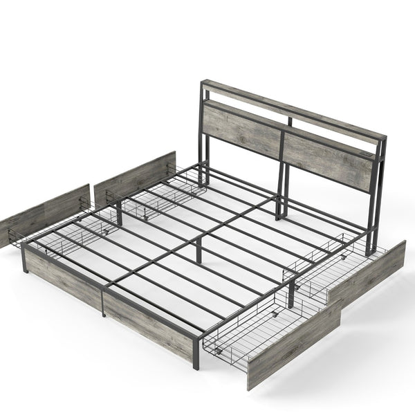 English Elm Queen Metal Platform Bed with Rgb Led Headboard Charging Station and Underbed Storage T3963P482853