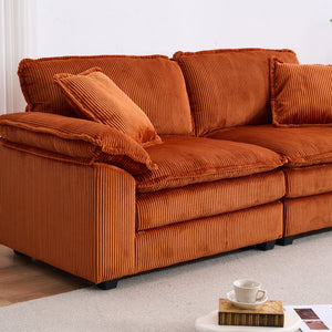 English Elm Corduroy Plush 2-Seat Sofa with 2 Back Cushions, Toss Pillows & Ottomans — Deep Seat Comfort Orange W2363S00066
