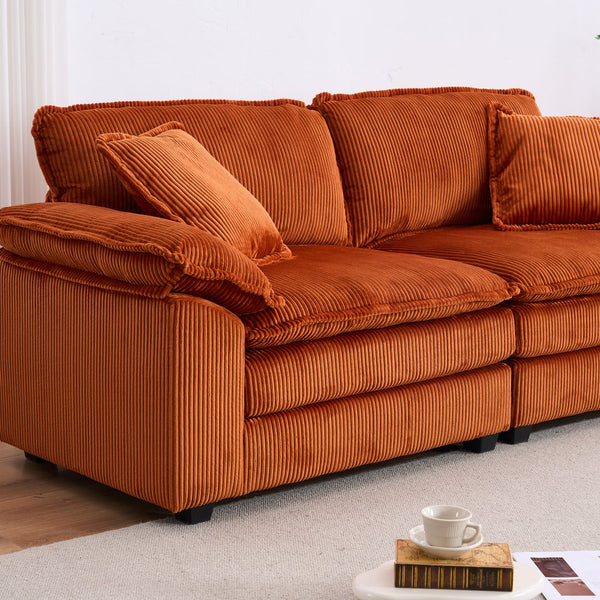 English Elm Corduroy Plush 2-Seat Sofa with 2 Back Cushions, Toss Pillows & Ottomans — Deep Seat Comfort Orange W2363S00066