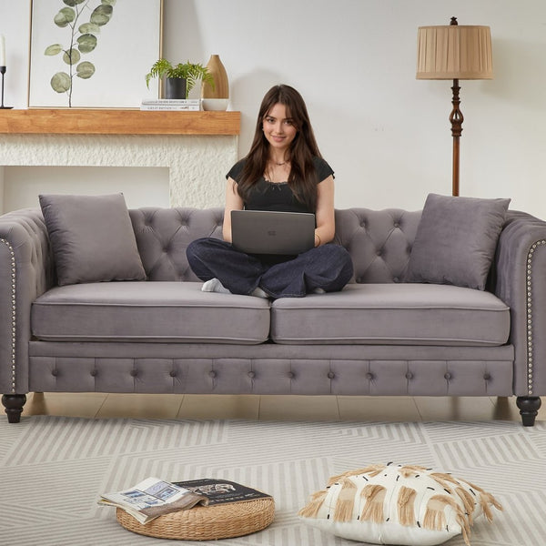 English Elm Fx Chesterfield Sofa Hand Tufted Tech Fabric Three Seat Living Room Couch Grey W1926S00117
