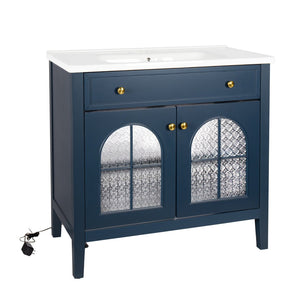 English Elm 35.6" Freestanding Bathroom Vanity with Roman Column Base and Ceramic Integrated Sink Blue W1801S00013