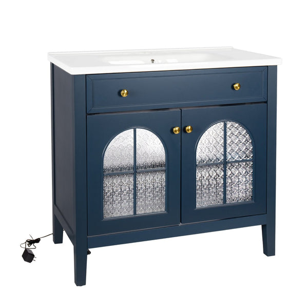 English Elm 35.6" Freestanding Bathroom Vanity with Roman Column Base and Ceramic Integrated Sink Blue W1801S00013
