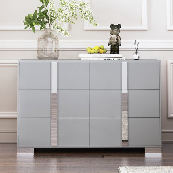 English Elm Elegant Mirrored Dresser with Metal Feet and 6 Spacious Drawers for Organized, Modern Living Spaces Gray 54.25 L x 20.75 W x 8.5 H N733P307943G