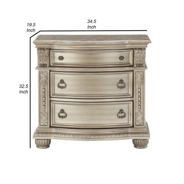 English Elm Caitlin Marble Top Nightstand with Hand Carved Leaf Detail and Silver Hardware B056P416825