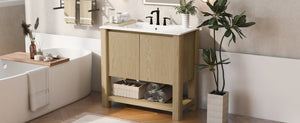 English Elm Christopher Knight Home® - 36" Modern Wall-Mounted Bathroom Vanity with Ceramic Sink, Soft-Close Doors, Fluted Accent & Open Shelves Antique Natural N817P245321N