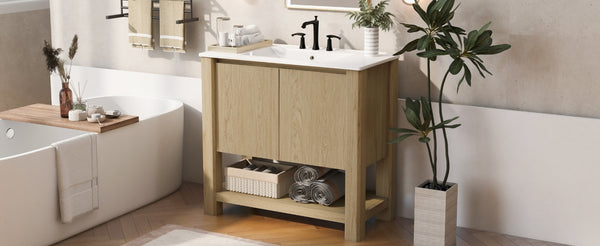 English Elm Christopher Knight Home® - 36" Modern Wall-Mounted Bathroom Vanity with Ceramic Sink, Soft-Close Doors, Fluted Accent & Open Shelves Antique Natural N817P245321N