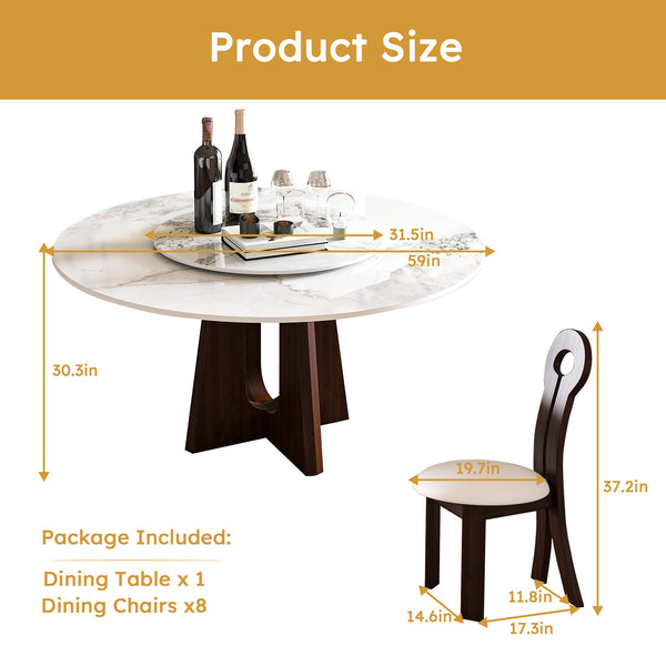 English Elm Modern Round Dining Table Set - 59" Sintered Stone Top With Walnut Base & 360° Lazy Susan For 8 People W2700S00014