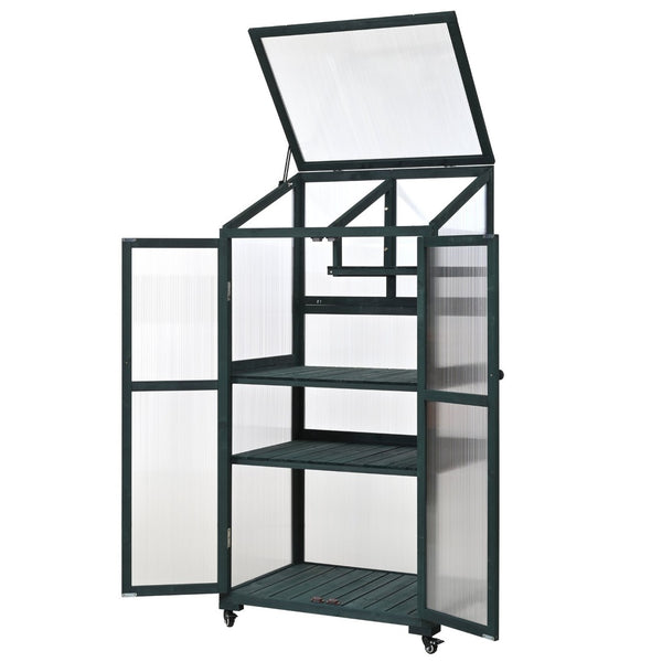 English Elm Topmax Fir Wood Portable Greenhouse with Polycarbonate Panels Adjustable Shelves and Casters N717P221494F