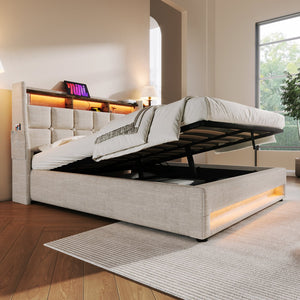 English Elm Full Upholstered Platform Bed with Hydraulic Storage, LED Lighting, USB Ports, Linen Wood Metal Design Natural AA20690708B