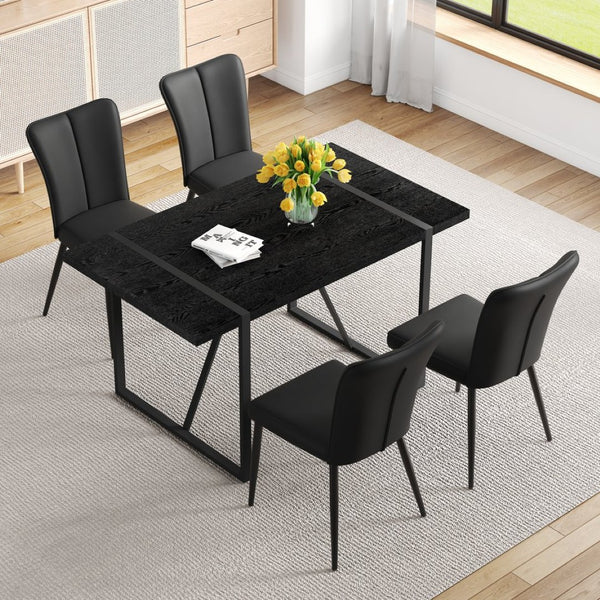 English Elm Table and Chair Set Round Tempered Glass Top with X Base and Four Pu Leather Seats W1151S04376