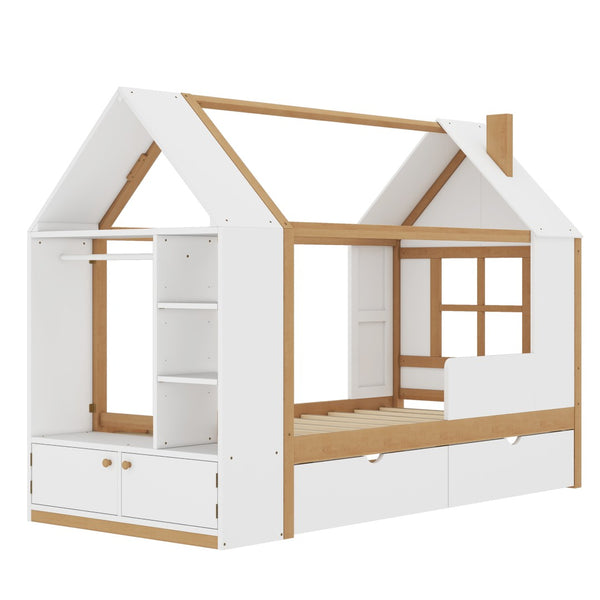 English Elm Twin House Frame Bed Pine Wood with Storage Drawers and Shelves for Kids Bedroom W1580S00572