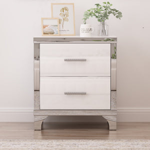 English Elm Elegant High Gloss Nightstand with Mirrored Accents and Metal Handle, 2-Drawer Modern Storage Table for Bedroom and Living Room, Sleek MDF Design White 26.77 L x 18.9 W x 11.22 H N733P205356K