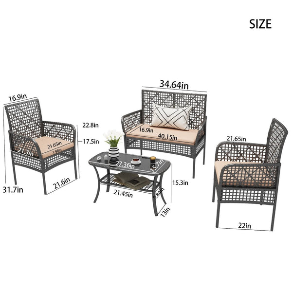 English Elm 4 Piece Outdoor Pe Rattan Wicker Conversation Set with Tempered Glass Coffee Table Beige W2071P296910