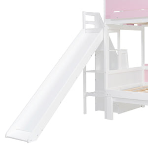 English Elm House-shaped Pine Bunk Bed with Built-in Slide Storage Staircase Twin Over Full Kids Frame White+Pink N820S00082K