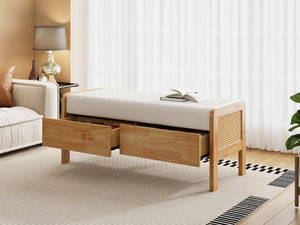 English Elm Upholstered Storage Bench with Pe Rattan Panels Oak Rubberwood Legs Boho Accent N757P257636I