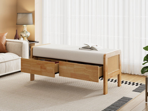 English Elm Upholstered Storage Bench with Pe Rattan Panels Oak Rubberwood Legs Boho Accent N757P257636I