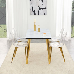English Elm Table and Chair Set Marble Glass Top Gold Legs Four Seat Dining for Small Spaces Black,Transparent,White+Gold W1151S04654