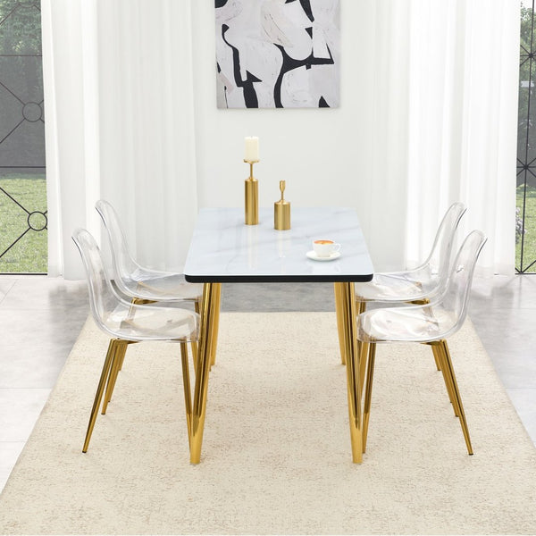 English Elm Table and Chair Set Marble Glass Top Gold Legs Four Seat Dining for Small Spaces Black,Transparent,White+Gold W1151S04654