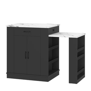 English Elm Extendable Kitchen Island Console with Open Shelving Drawers and Cabinet in Matte Black W1580S00274