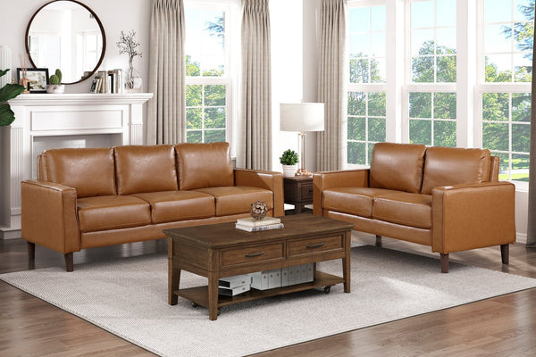 English Elm Modern Brown Faux Leather Loveseat Malcolm Collection – Track Arms, Welt Trim, Solid Wood Frame, 54" loveseat B011P394848
