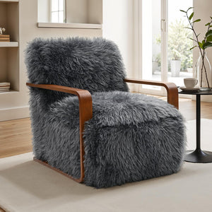 English Elm Charcoal Plush Faux Fur Accent Chair with Walnut Wood Arms — Cozy Modern Living Room Seating Charcoal grey 29 L x 36 W x 33 H B2741P401383