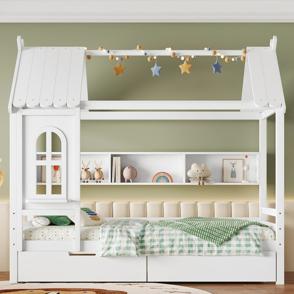 English Elm Twin House Platform Bed with Drawers & Shelves, Solid Wood Playhouse Frame for Kids, Cozy Design Light White W1580S00265