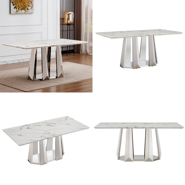 English Elm Marble Dining Table For 6-8, 70'' Modern Rectangle Faux Marble With Mirrored Stainless Steel Base W3456S00038