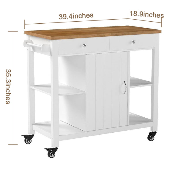English Elm 40" Kitchen Island Cart with Solid Rubber Wood Top, Locking Casters, Drawers & Towel Rack White T3771P372502