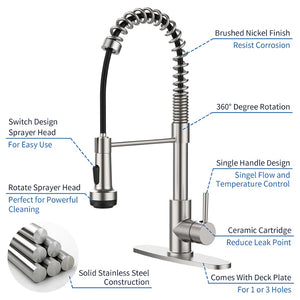English Elm Kitchen Spring Coil Faucet Brushed Nickel Pull Down Sprayer Four Modes Stainless Steel T3177P316547