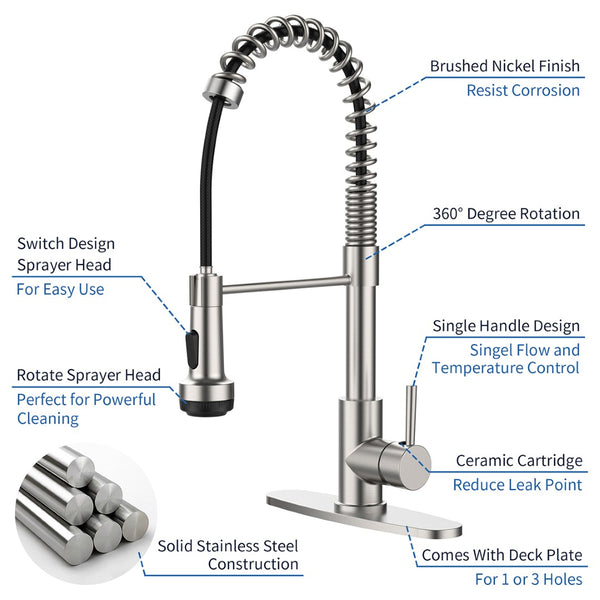English Elm Kitchen Spring Coil Faucet Brushed Nickel Pull Down Sprayer Four Modes Stainless Steel T3177P316547