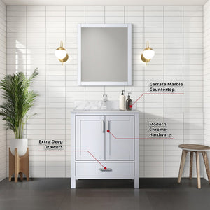 English Elm White Bath Vanity Set With Carrara Marble Top, Chrome Faucet & 28" Mirror - Elegant Bathroom Upgrade B2731S01248-GIGA