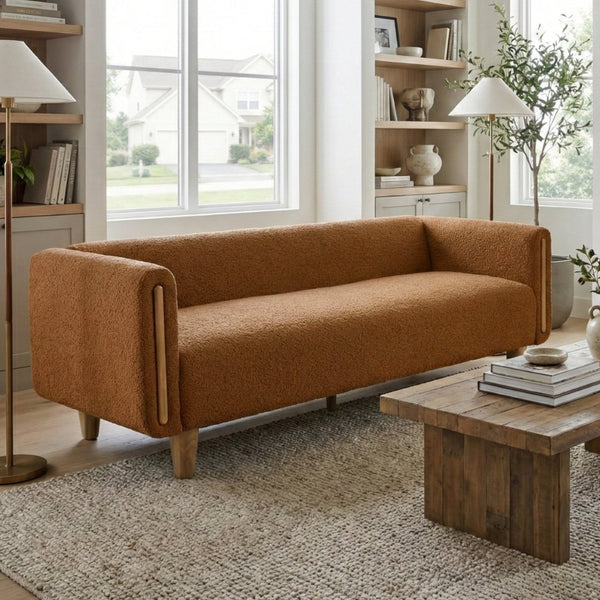 English Elm Modern Boucle Three Seat Sofa with Rubberwood Legs Pocket Spring Support Living Room Orange N763P403678G