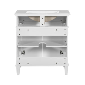 English Elm 30-inch bathroom vanity with ceramic basin, solid wood frame, soft-close doors and adjustable shelves for organized style and lasting durability White N729P173380K