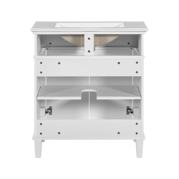 English Elm 30-inch bathroom vanity with ceramic basin, solid wood frame, soft-close doors and adjustable shelves for organized style and lasting durability White N729P173380K