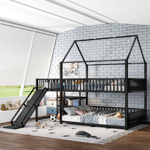 English Elm Full Metal House Bunk Bed with Slide Storage Stairs and Safety Rails for Kids W1580S00345