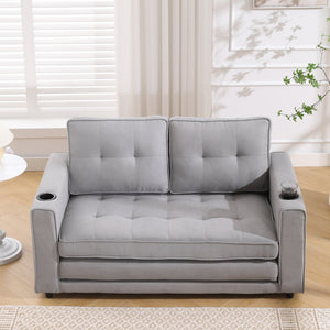 English Elm {VIDEO 3-in-1 Upholstered Futon Sofa Bed Convertible Loveseat with Tufted Back, Cup Holders & Side Pockets Light Gray W2325P183182