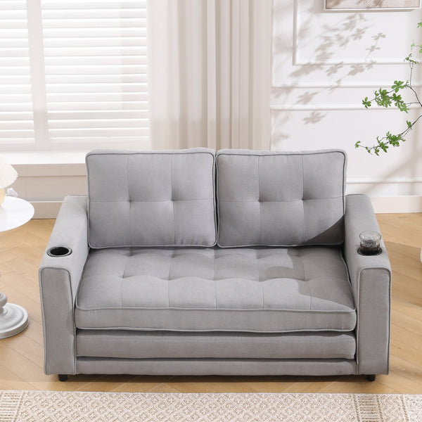 English Elm {VIDEO 3-in-1 Upholstered Futon Sofa Bed Convertible Loveseat with Tufted Back, Cup Holders & Side Pockets Light Gray W2325P183182