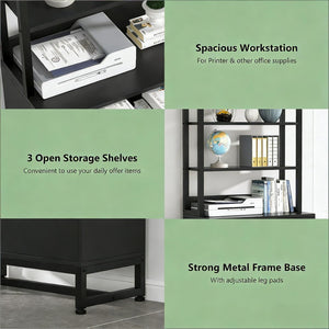 English Elm Ample Steel Office Filing Cabinet with Open Bookcase Shelves and Locking Document Drawers Black T3971P448270